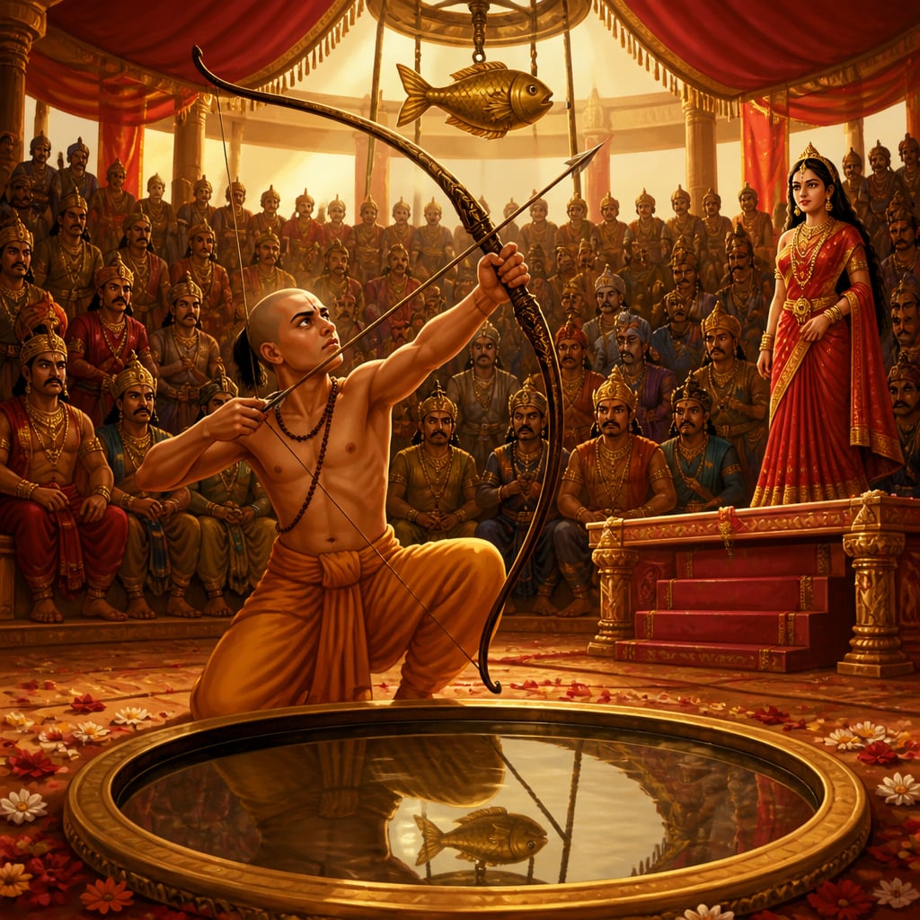 Arjuna disguised as a brahmin kneels at the Panchala swayamvara, gaze fixed on the oil pool reflecting the rotating fish target above.
