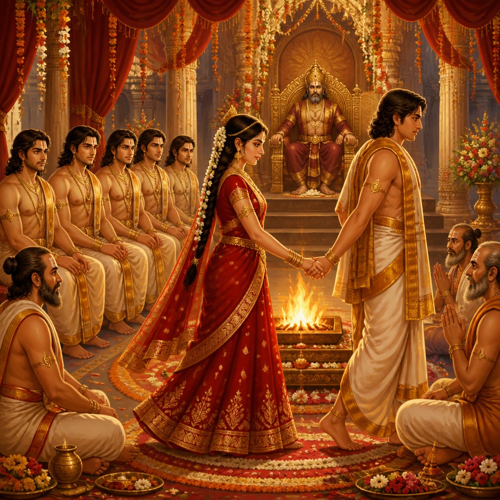 Draupadi walks around the wedding fire at Panchala with Yudhishthira leading her, the other four Pandava brothers awaiting their turns.