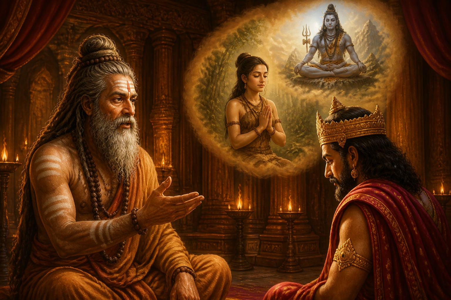 Vyasa revealing Draupadi's past life to Drupada