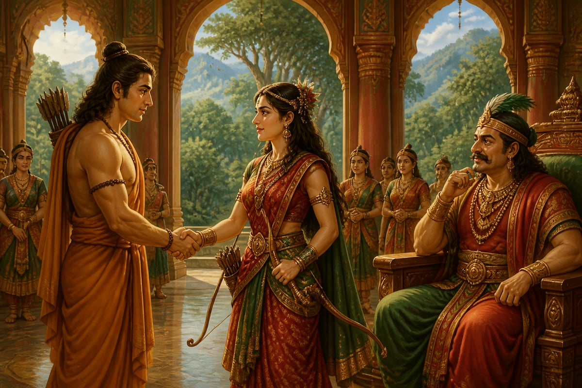 Arjuna meeting Chitrangada in Manipura