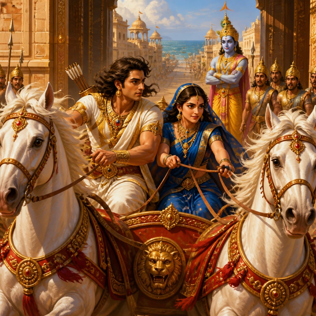 Arjuna drives a fast chariot away from the gates of Dwaraka with Princess Subhadra at his side.