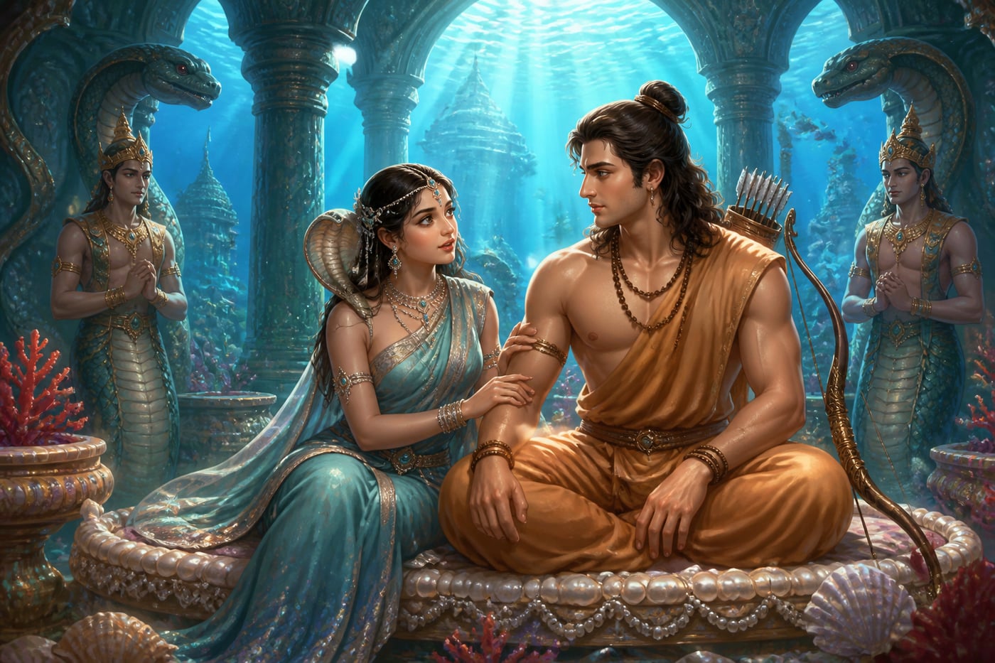 Arjuna meeting Ulupi in the naga realm