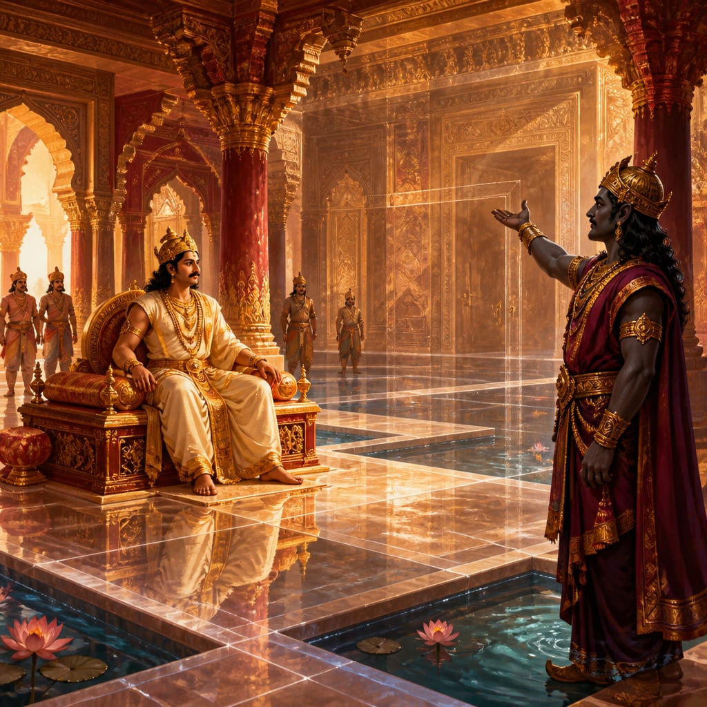 Yudhishthira sits on a low throne at the center of the Maya Sabha at Indraprastha as Maya gestures toward an illusory wall.