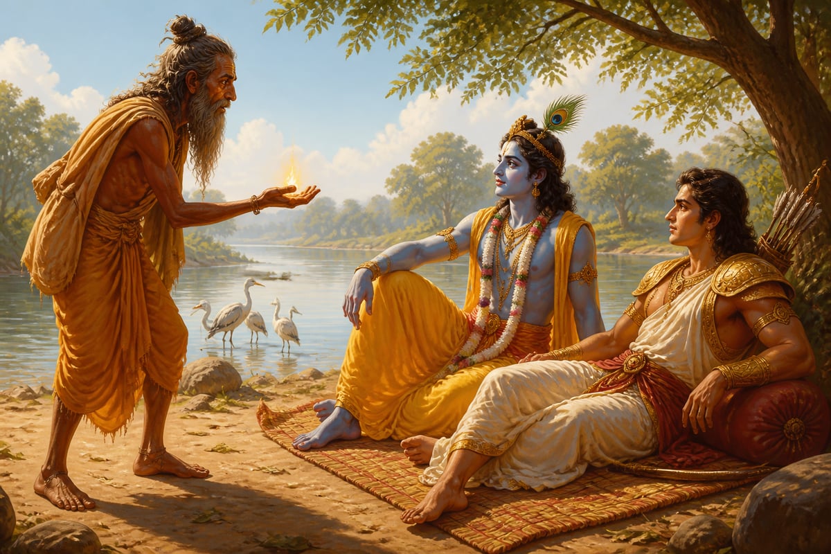 Agni in brahmin form asking Krishna and Arjuna