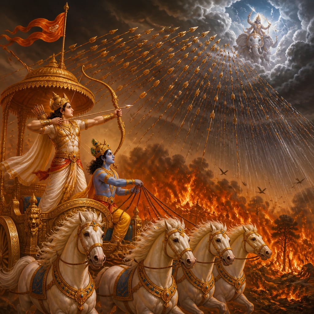 Arjuna on a chariot driven by Krishna draws his Gandiva bow to weave a canopy of arrows above the burning Khandava forest.