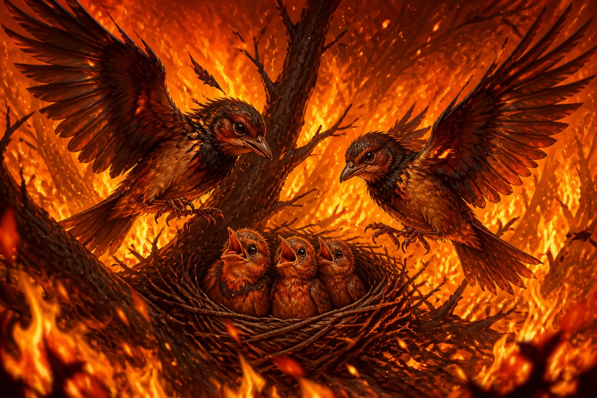 The Sharnga nestlings sheltered by their parents
