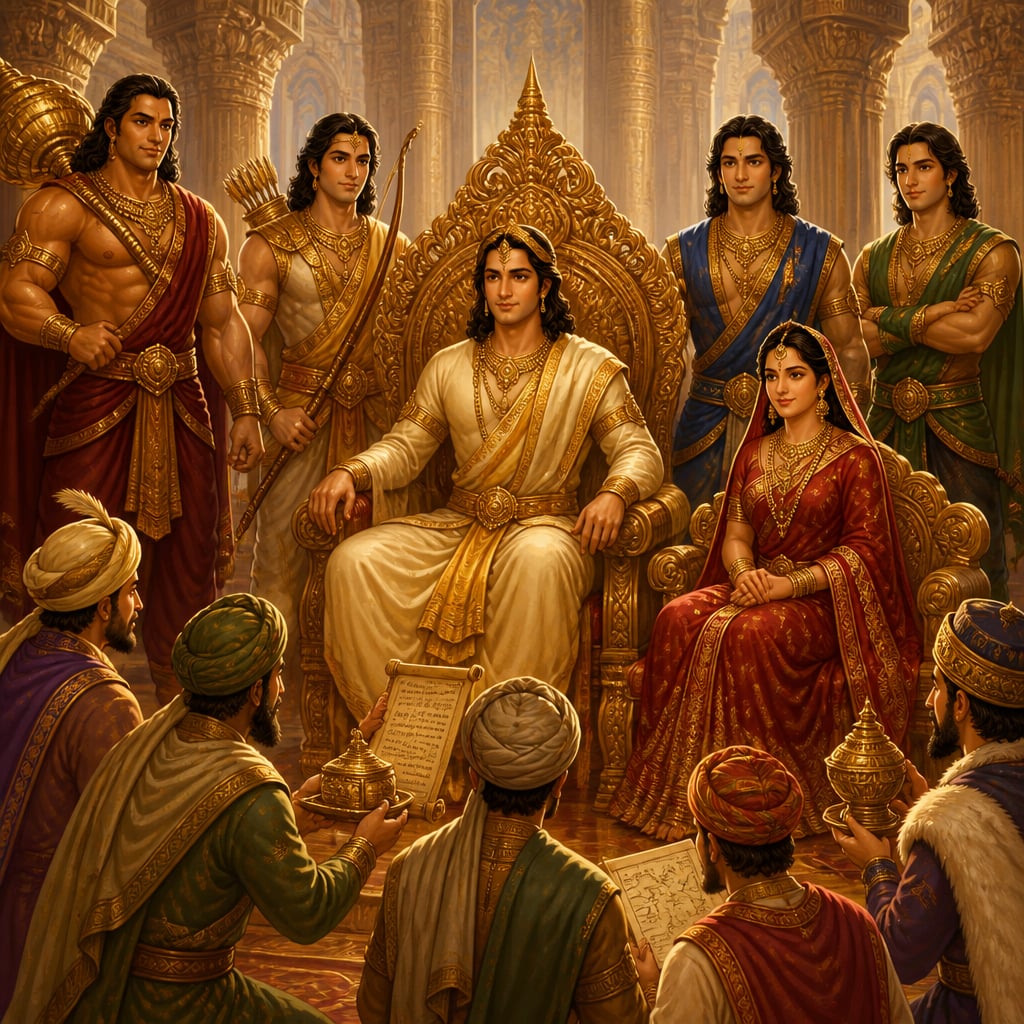 Yudhishthira sits on the carved throne of Indraprastha's great court with his four brothers and Draupadi as ambassadors present tribute.