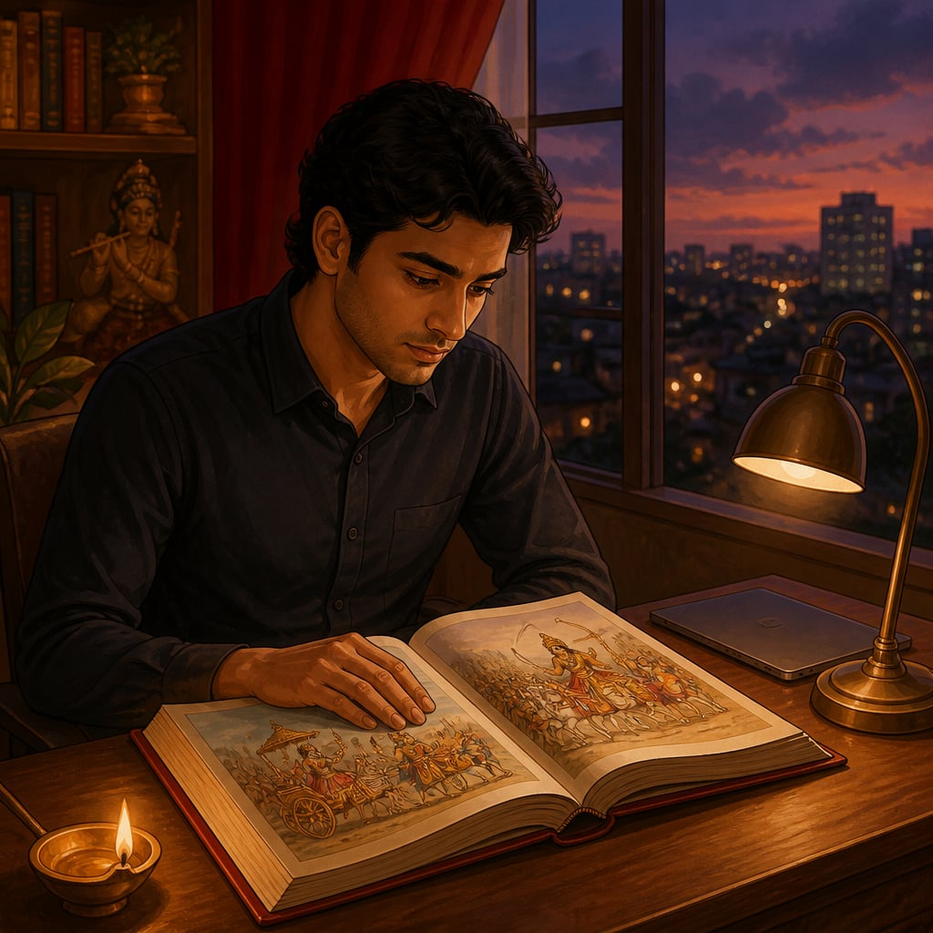 A young Indian professional at a softly lit home desk in the evening reads a thick illustrated edition of the Mahabharata.