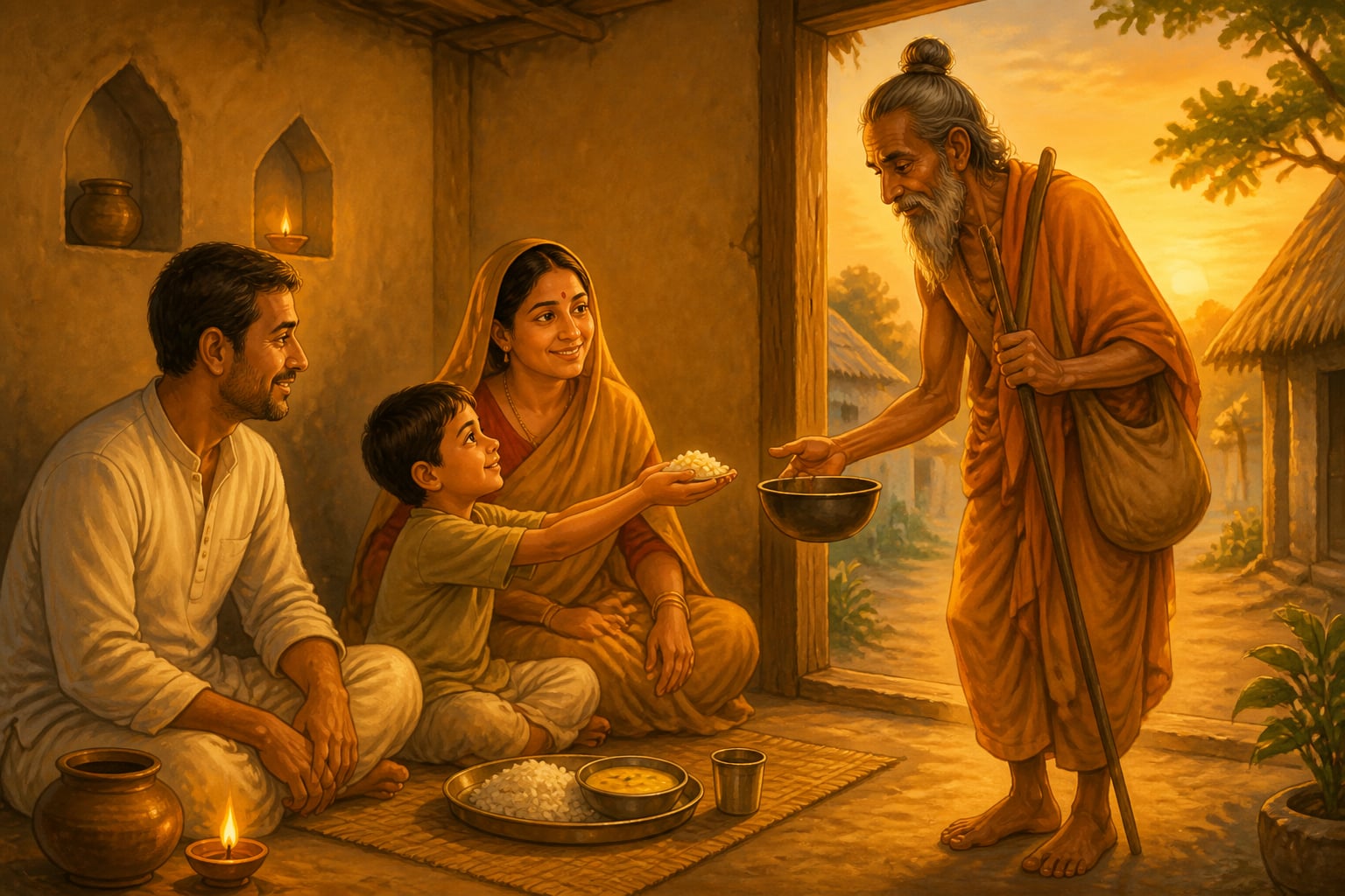 A humble family sharing food with a wandering ascetic