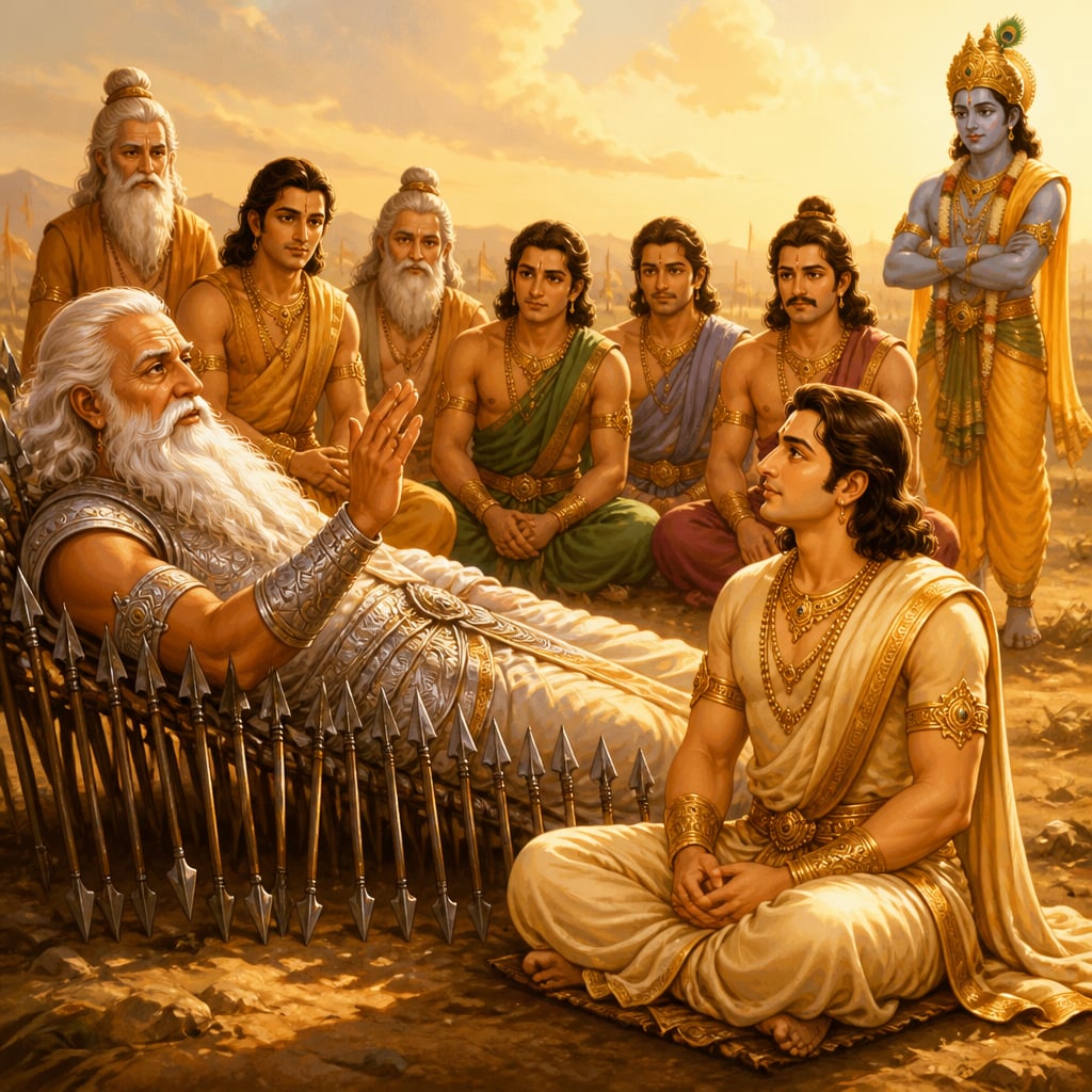 Bhishma on his bed of arrows raises a hand to teach Yudhishthira about dana while the Pandavas, sages, and Krishna look on in the warm Kurukshetra light.