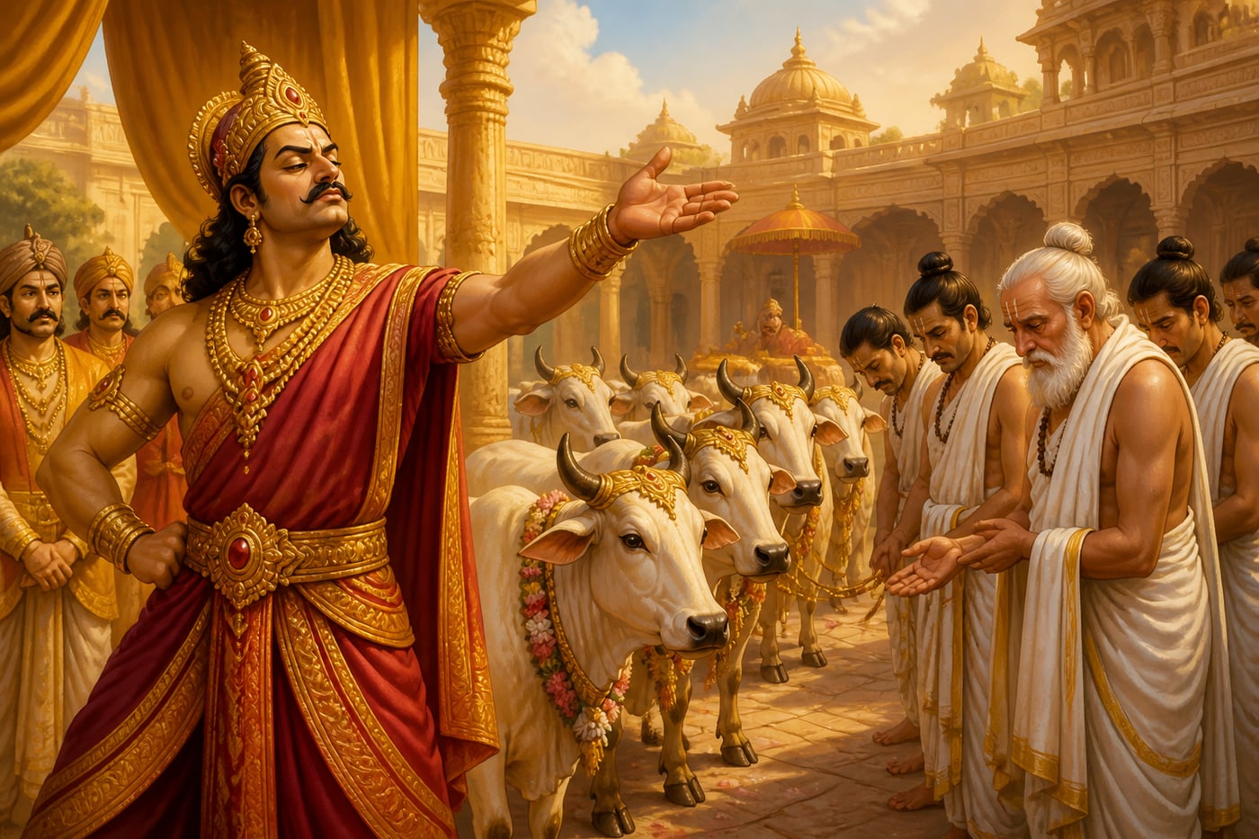 An arrogant king donating cows to uncomfortable brahmins