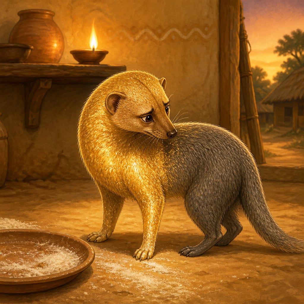 A small mongoose with one half of its body turned to shimmering gold stands on the dusty floor of a humble mud-walled village dwelling at dusk, twisting to inspect its still-grey rear half.