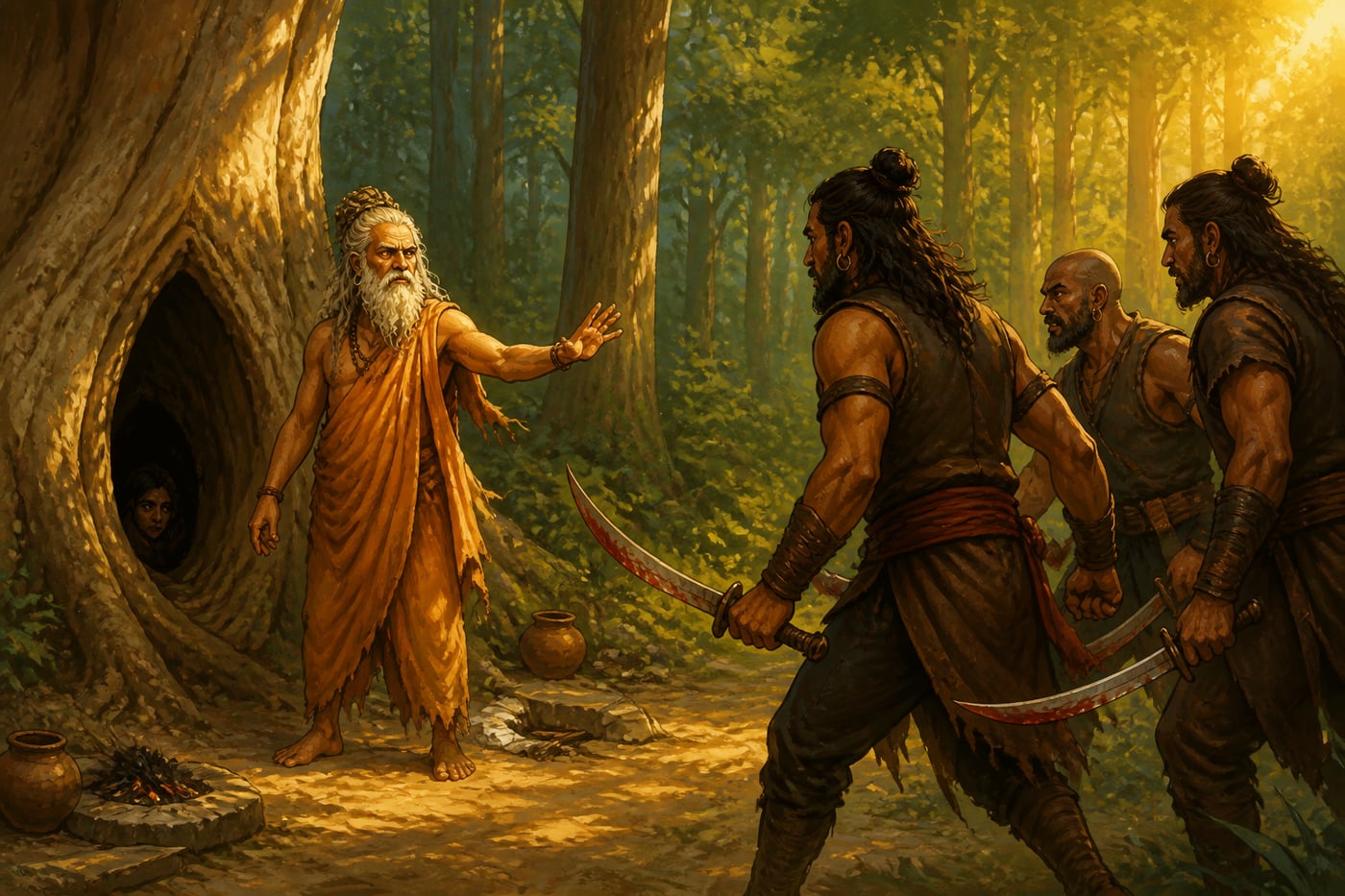 Kaushika the sage pointing the robbers to the hollow tree