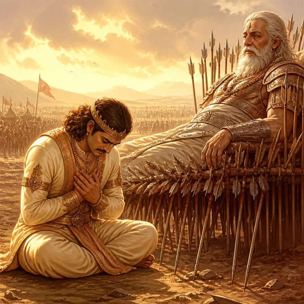 Yudhishthira in royal silks sits on the dust beside Bhishma's bed of arrows with head bowed and hands folded against his chest, confessing the half-truth that killed Drona as the grandsire listens with quiet compassion.