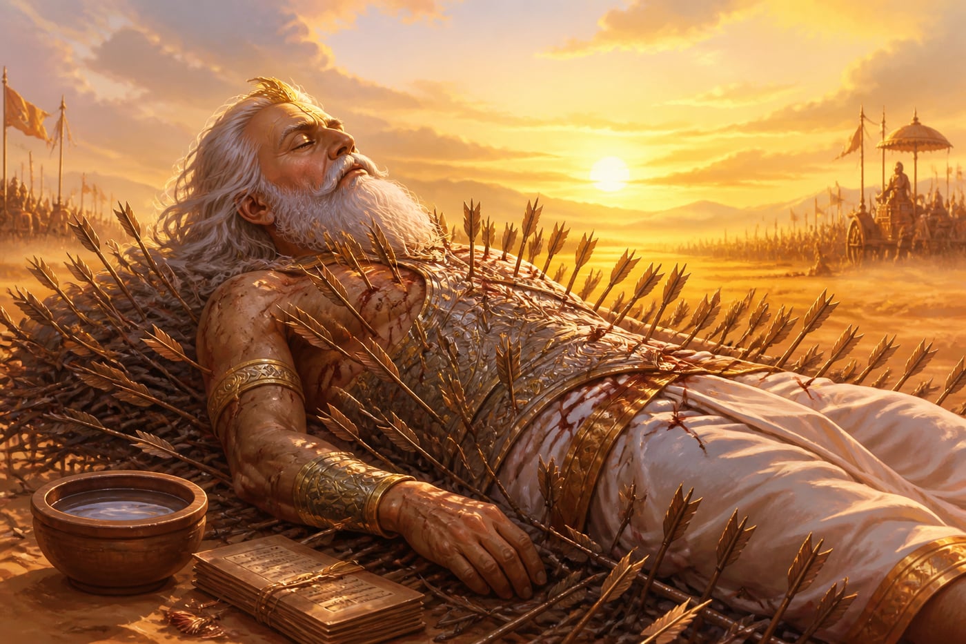 Bhishma serene on the arrow bed in deep tapas