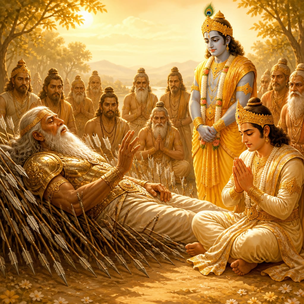 Bhishma on the arrow bed recites the thousand names of Vishnu aloud to Yudhishthira seated beside him with folded palms while Krishna and a semicircle of sages listen in the soft late-morning light.