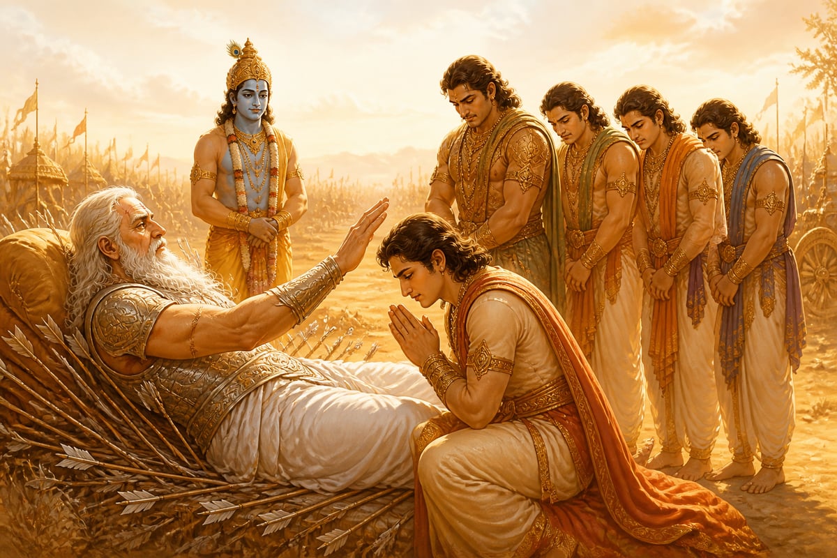 Bhishma giving each Pandava his final blessing