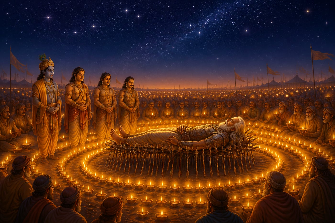 The night vigil of oil lamps around the arrow bed