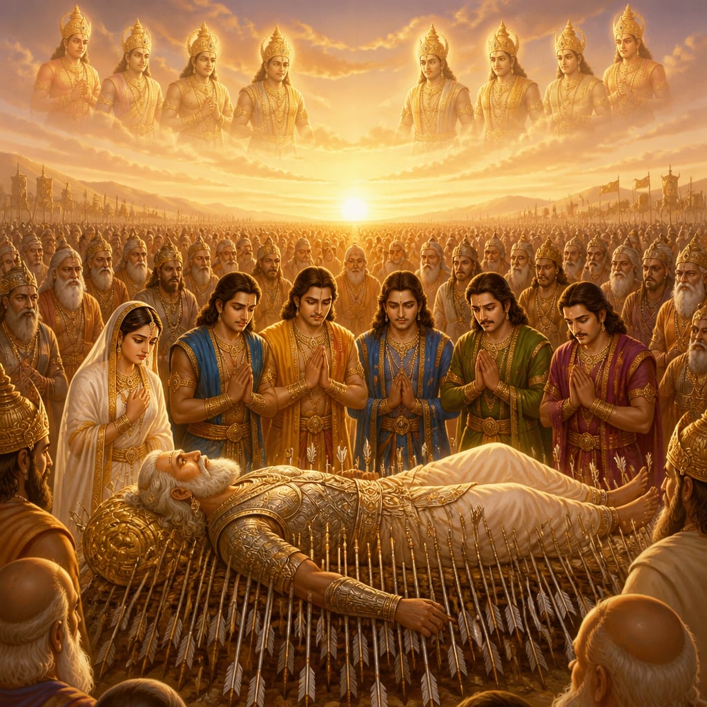 Bhishma on his bed of arrows is surrounded by a vast assembly at the dawn of Uttarayana, the Pandavas closest, Draupadi and the sages and kings in concentric rings, the eight Vasus faint in the sky above.