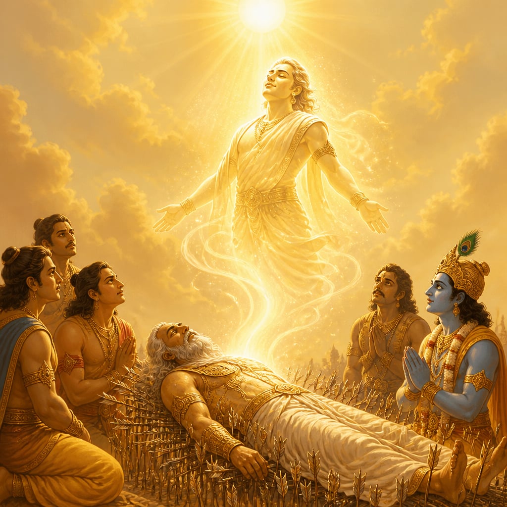 Bhishma's luminous spirit form in glowing pale gold robes rises gently upward from his still body on the bed of arrows below as the Pandavas and Krishna kneel in awed silence beneath the noon sun.