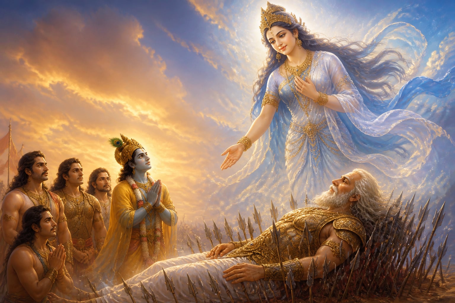 Ganga the goddess appearing over Bhishma's bed