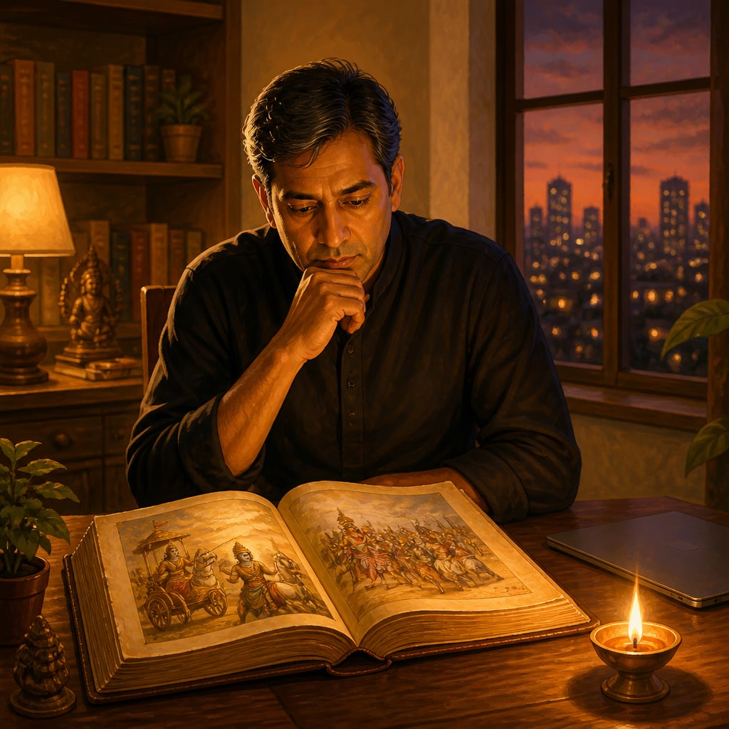 A middle-aged Indian professional in plain dark contemporary attire sits alone at a wooden desk in a softly lit home study at evening, contemplating a thick well-worn illustrated Mahabharata open before them beside a small brass diya.