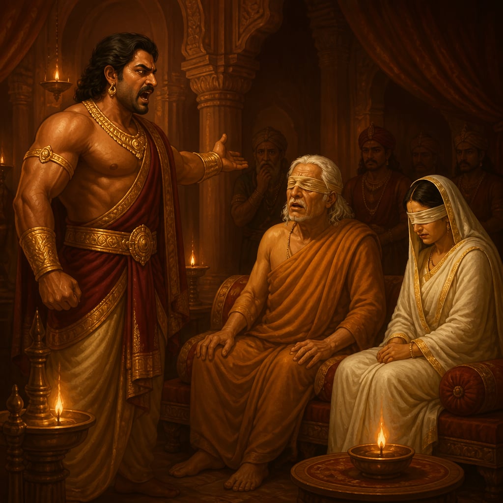 Bhima speaks loudly within earshot of the blind Dhritarashtra in the lamplit hall, recounting how he killed the Kaurava sons.