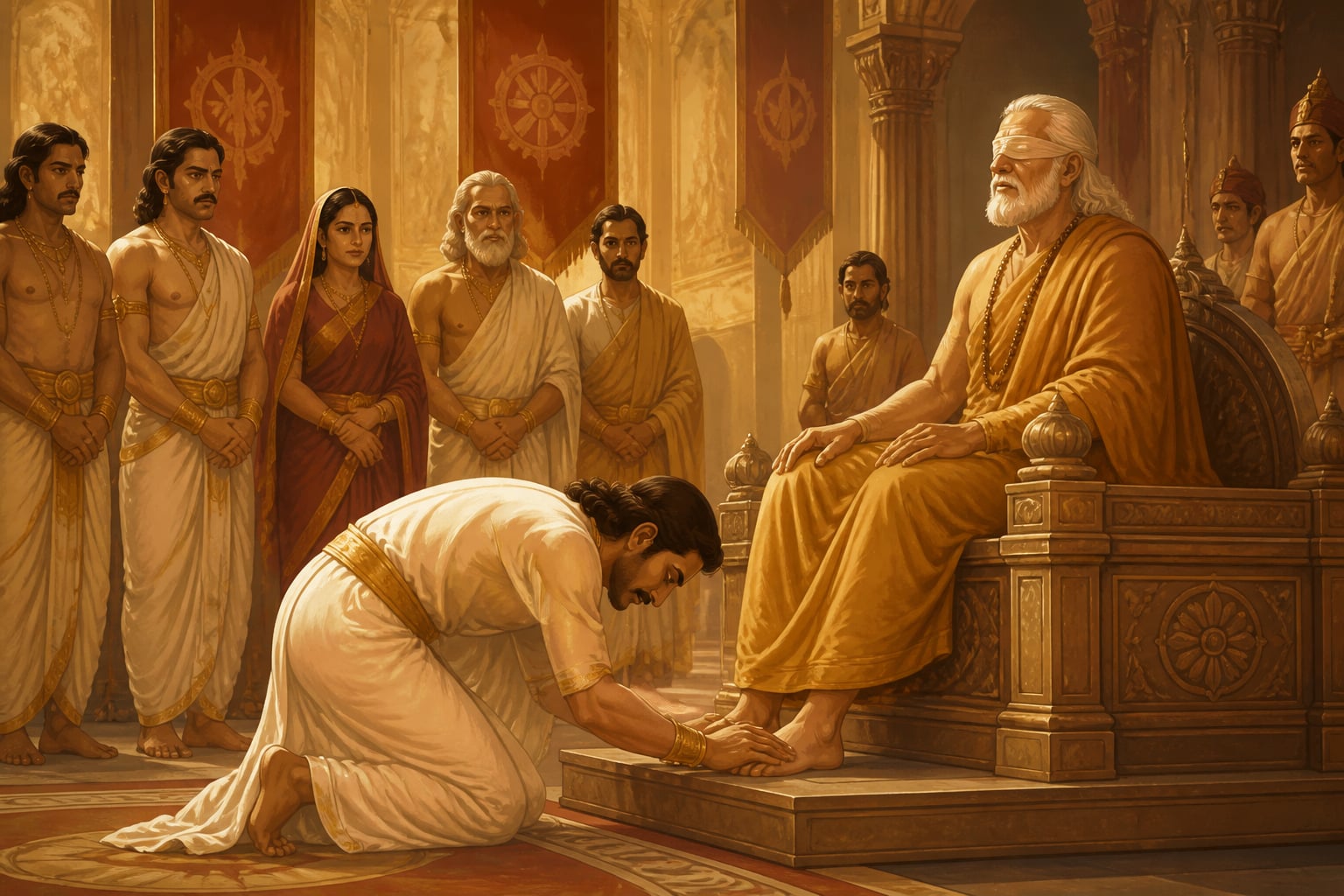 Yudhishthira touches the feet of the blind Dhritarashtra