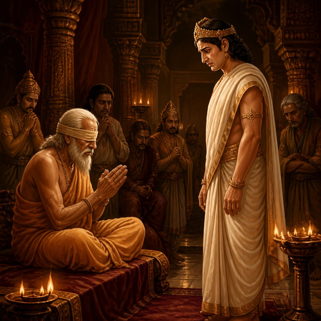 The blind Dhritarashtra formally asks Yudhishthira's permission to depart for the forest as the king stands pale with grief.