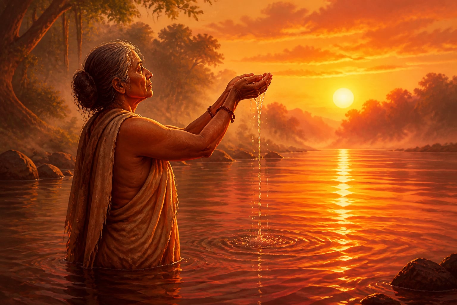 Kunti offers water to the sun for Karna