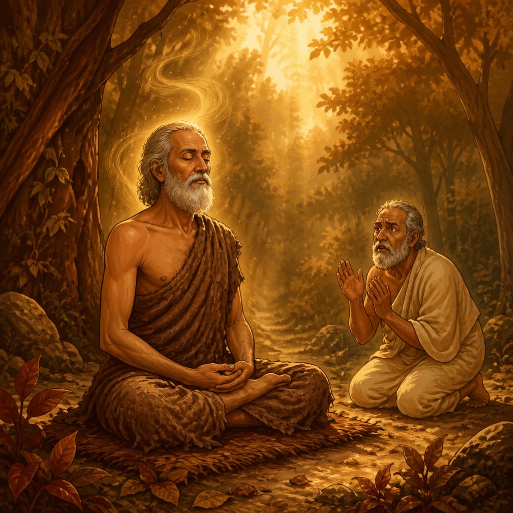 Vidura sits in upright meditation beneath a forest tree at dawn, consciously releasing his life-force as Sanjaya kneels in reverence.