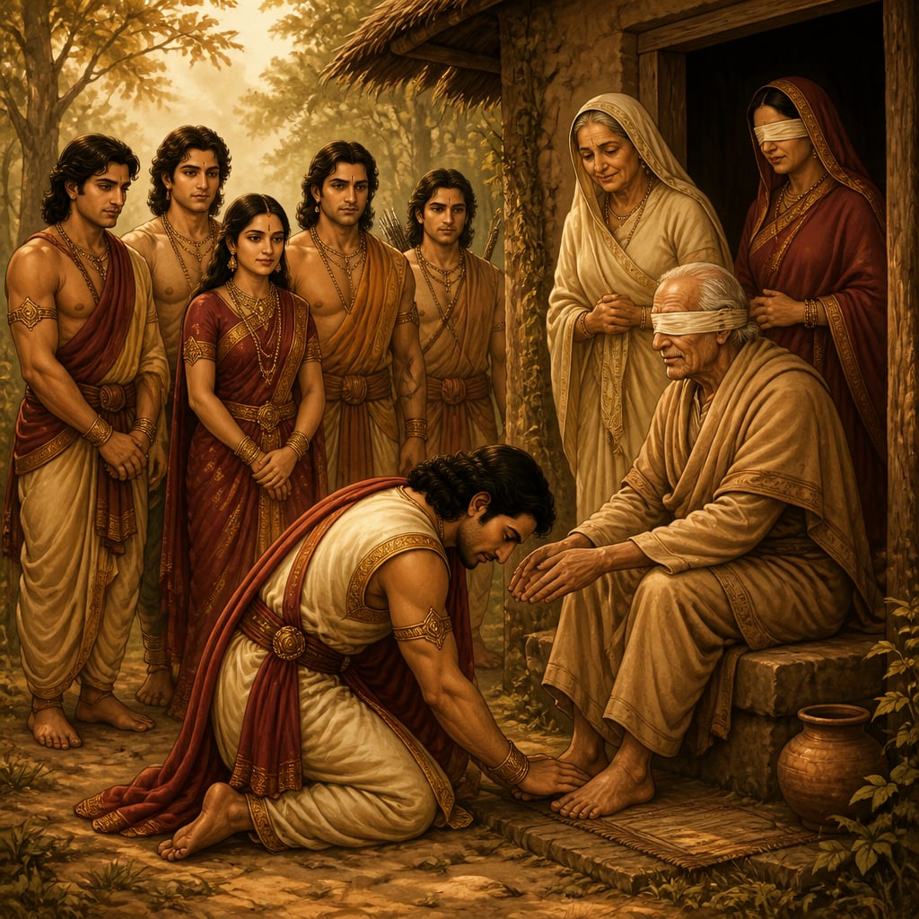 Yudhishthira kneels at the threshold of the hermitage and touches the feet of the serene blind Dhritarashtra as the Pandavas look on.