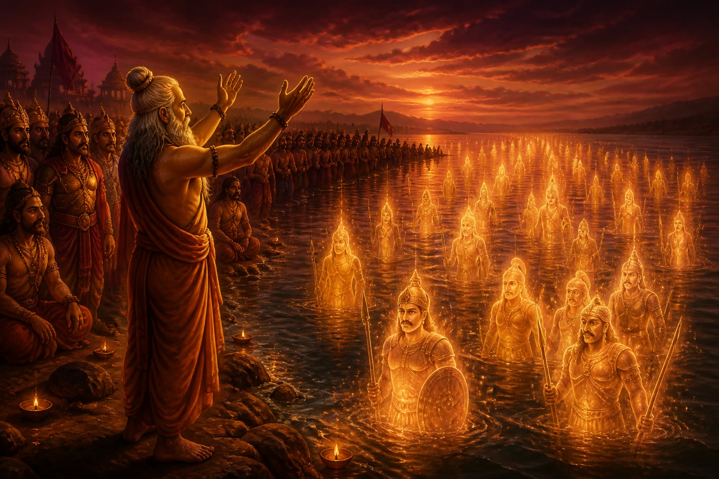 Vyasa summons the dead from the glowing Ganga