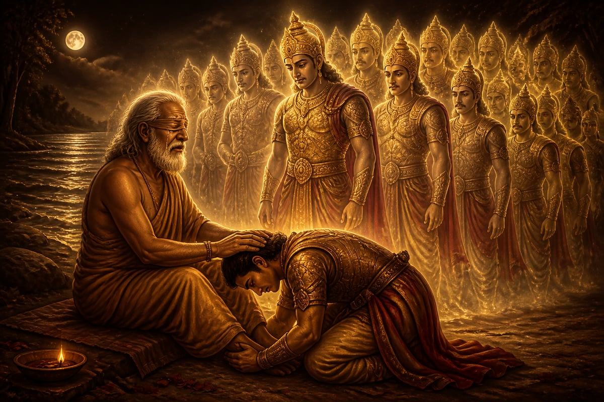 Dhritarashtra surrounded by his hundred Kaurava sons