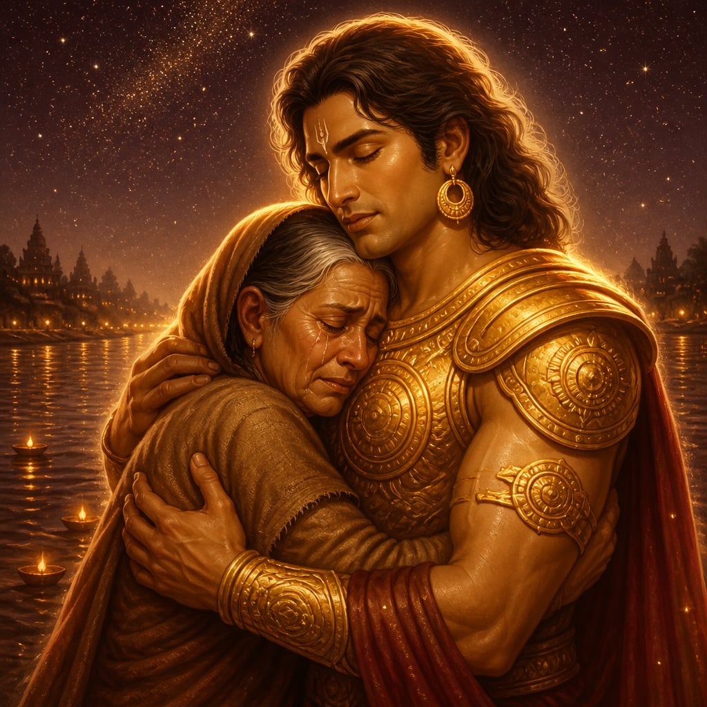 Kunti embraces the radiant spectral figure of Karna on the Ganga shore at night as the river glows softly behind them.