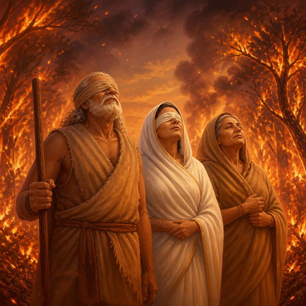 Dhritarashtra, Gandhari, and Kunti stand serenely amid the rising flames of the forest fire at twilight, faces calm in acceptance.
