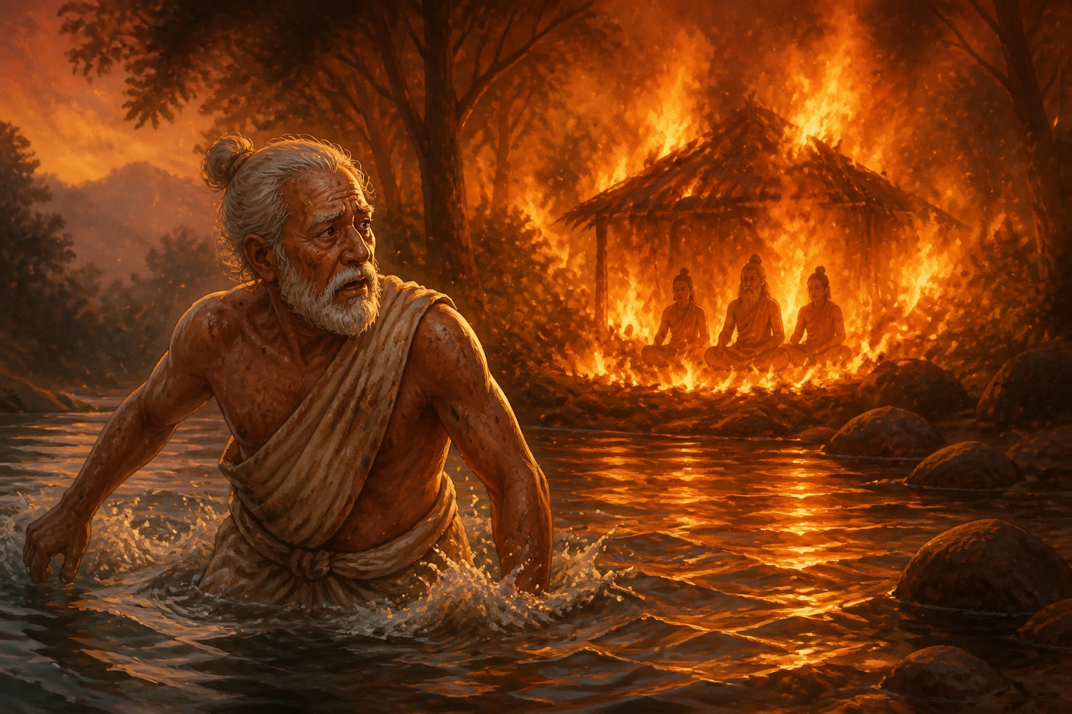 Sanjaya flees into the Ganga as the forest burns