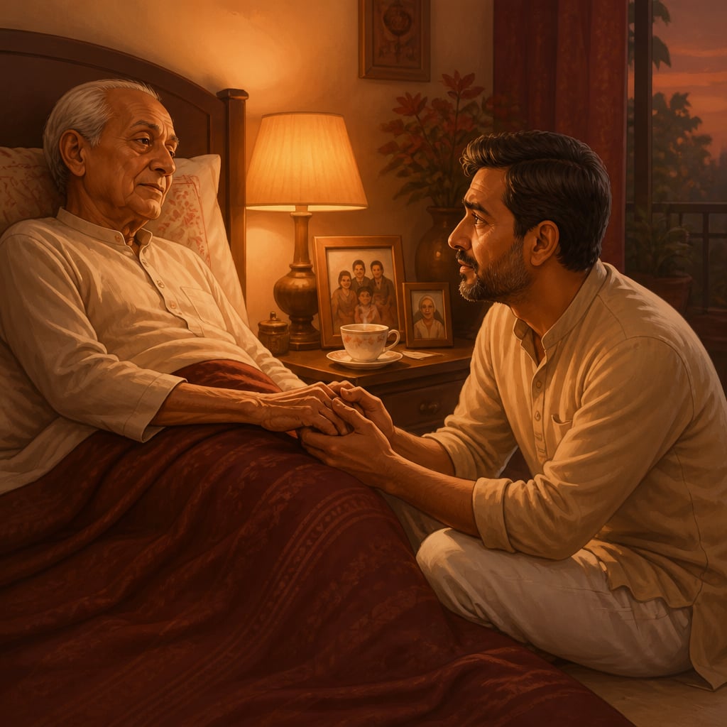 A middle-aged Indian adult sits beside an aged parent's bed in a quiet modern Indian home at evening, holding the parent's frail hand.