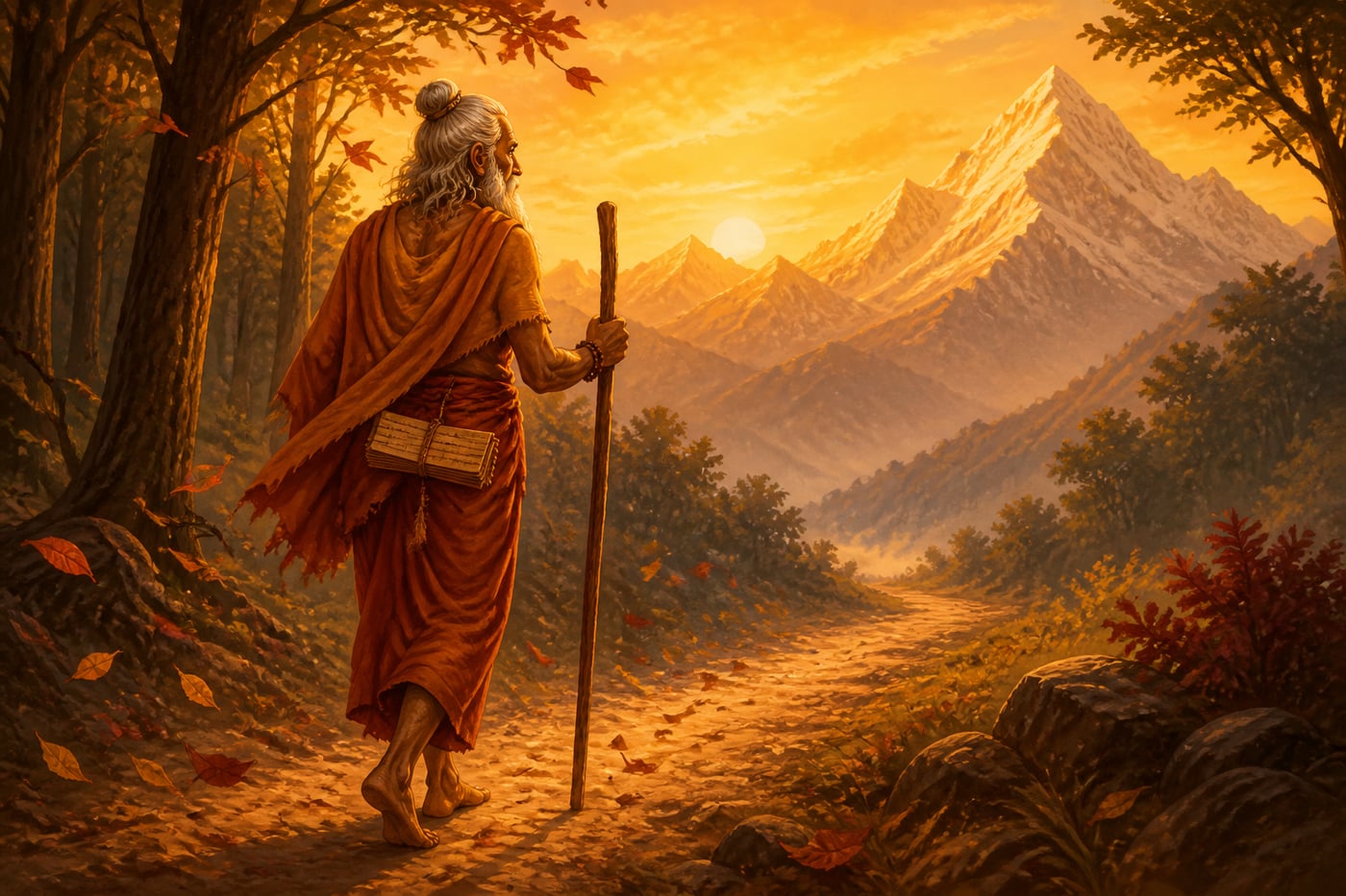 An elderly vanaprastha sage walks a forest path at dawn