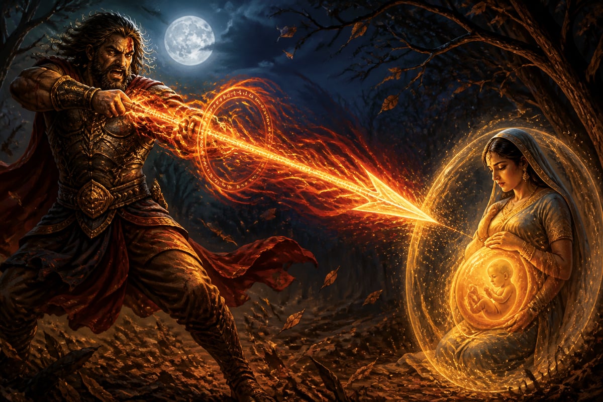 Ashwatthama launching the Brahmastra at Uttara's womb