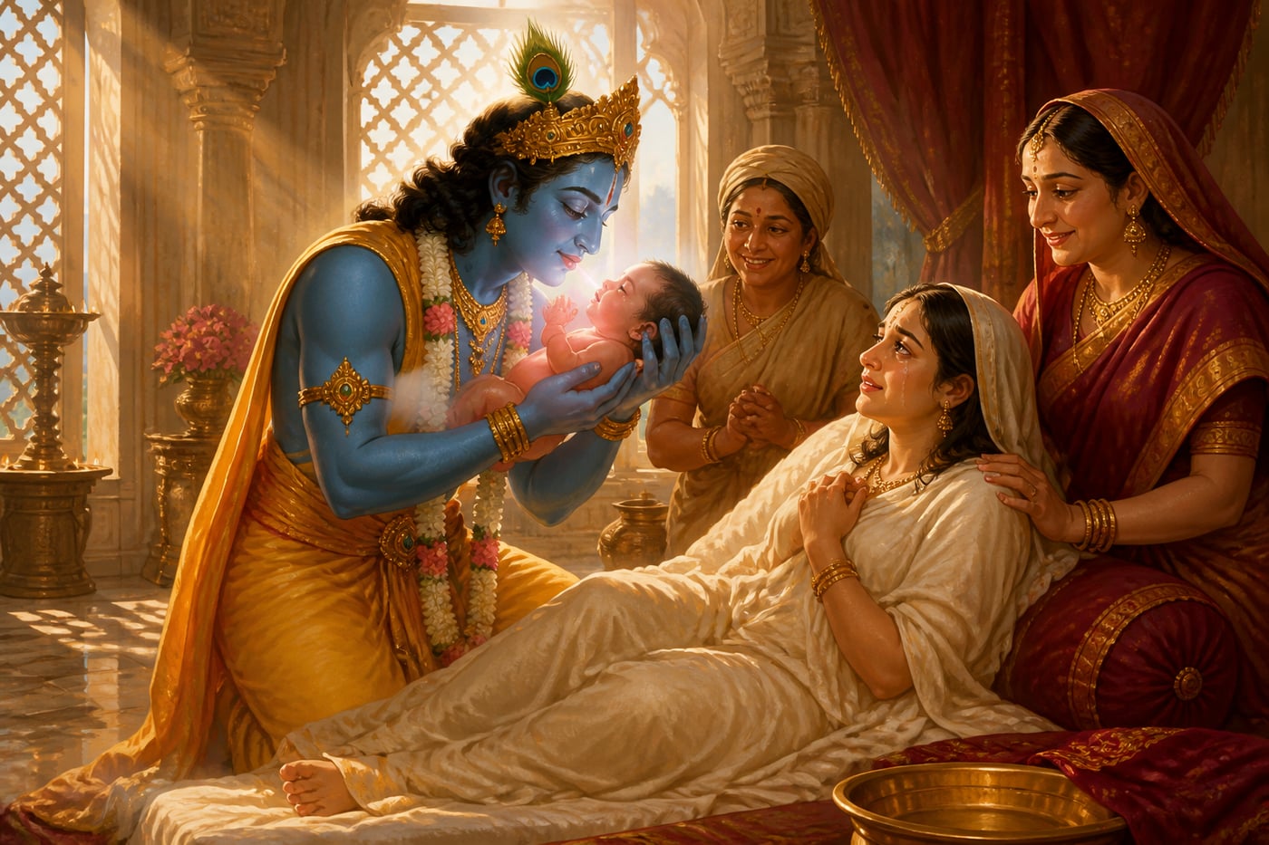 Krishna breathing life into newborn Parikshit
