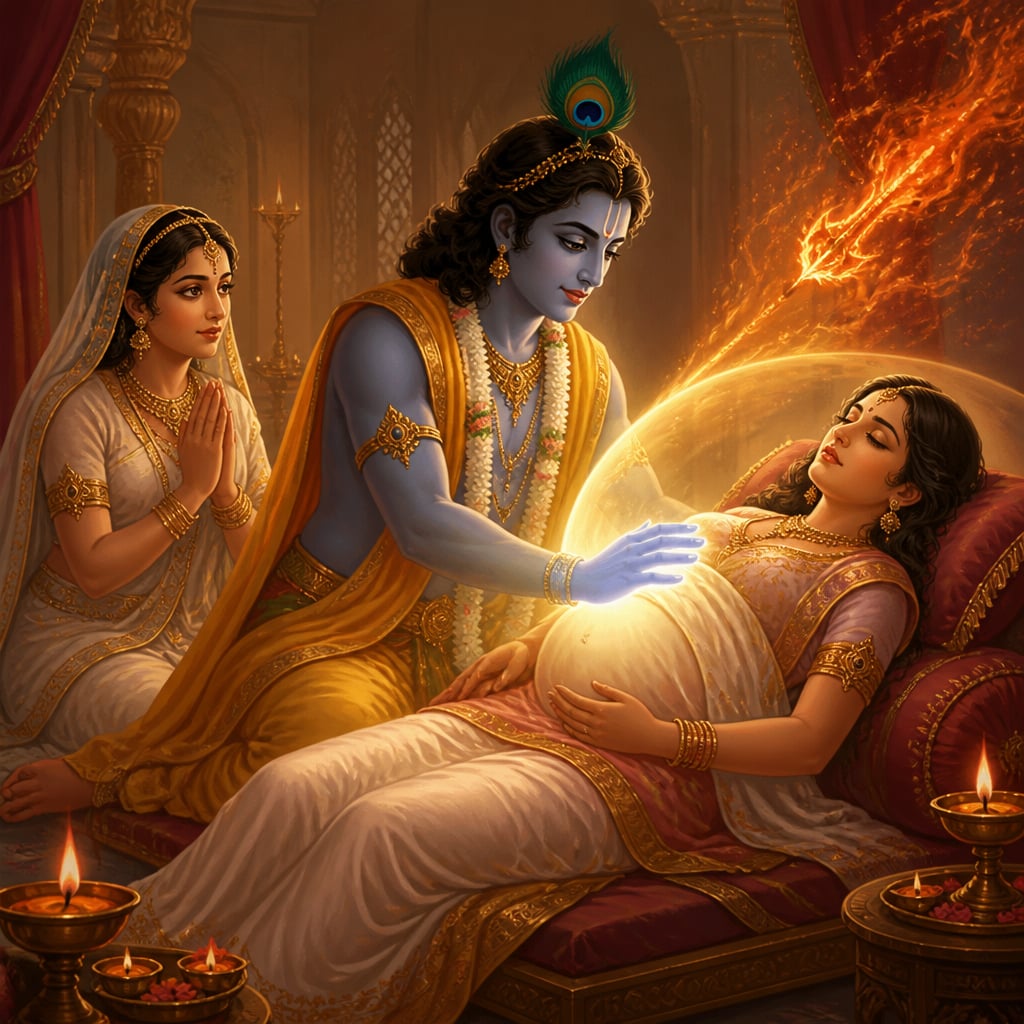 Krishna kneels beside Uttara, his radiant hand shielding her womb from the Brahmastra fire.