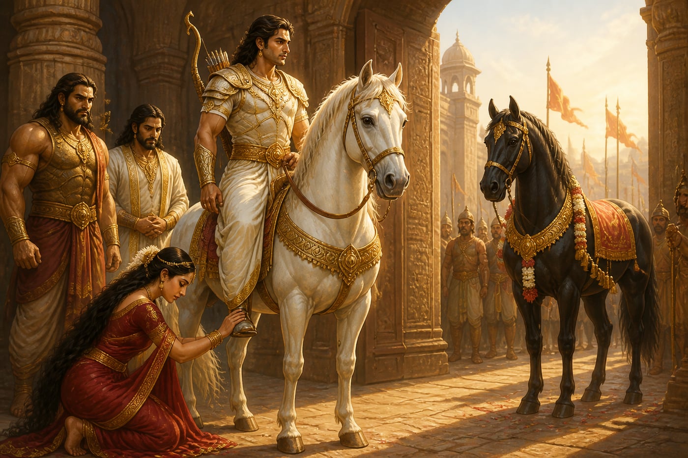 Draupadi touching Arjuna's feet as he prepares to depart