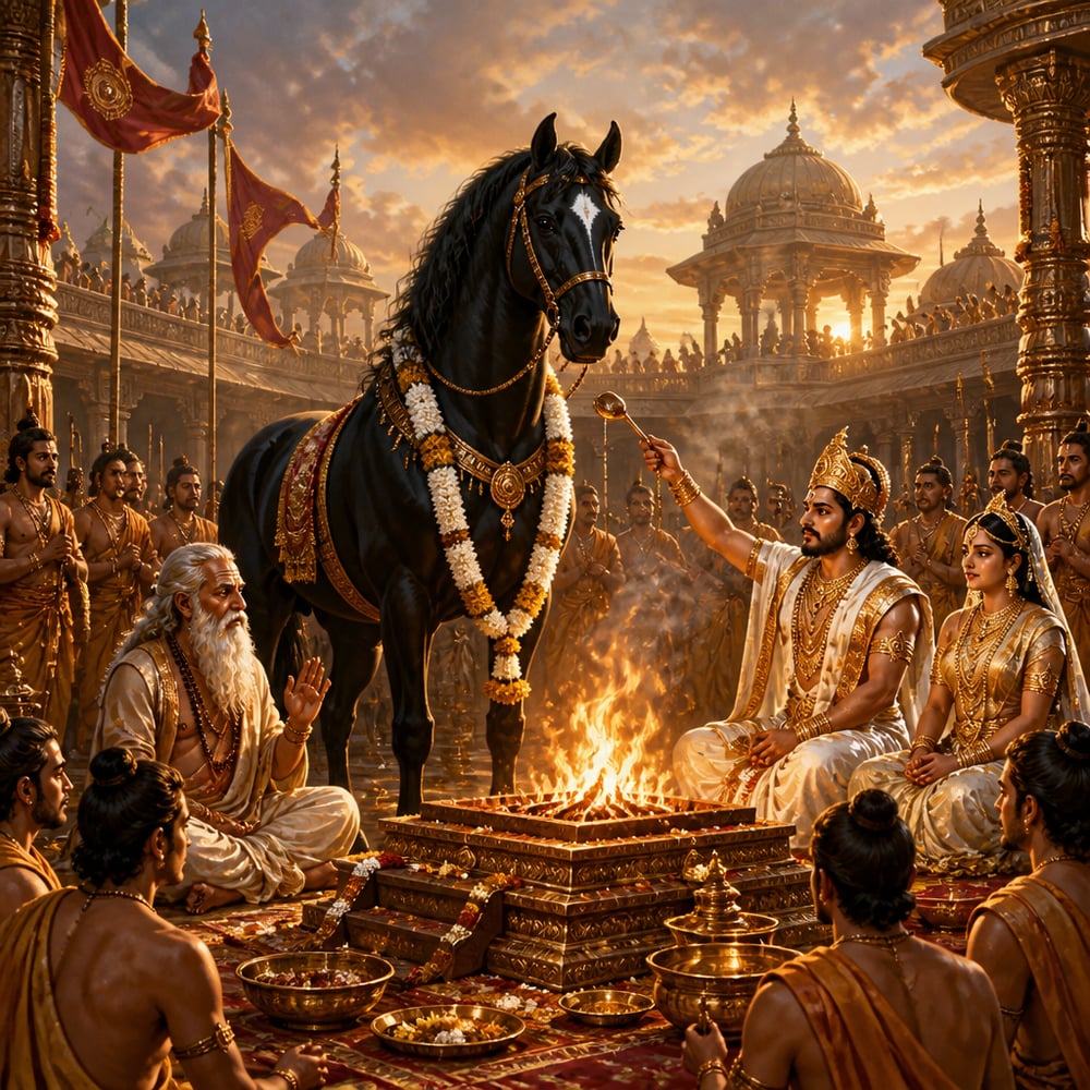 Yudhishthira raises the sacred ladle by the fire as the garlanded black Ashvamedha stallion stands at the arena's centre.