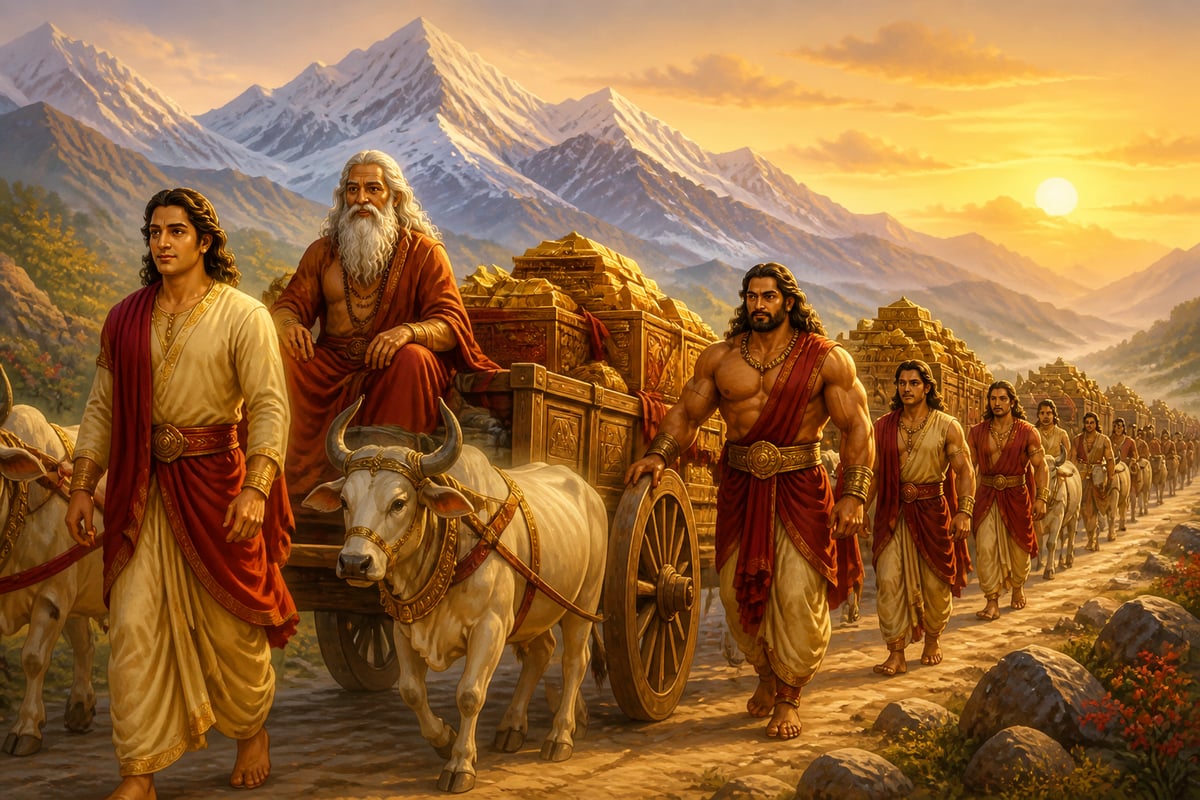 The Pandavas returning with Marutta's gold from the Himalayas