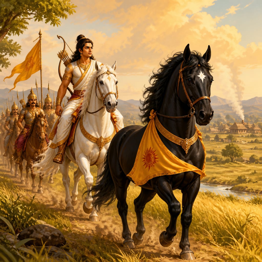 Arjuna rides at a watchful distance behind the wandering black sacrificial horse across a sunlit grassland.