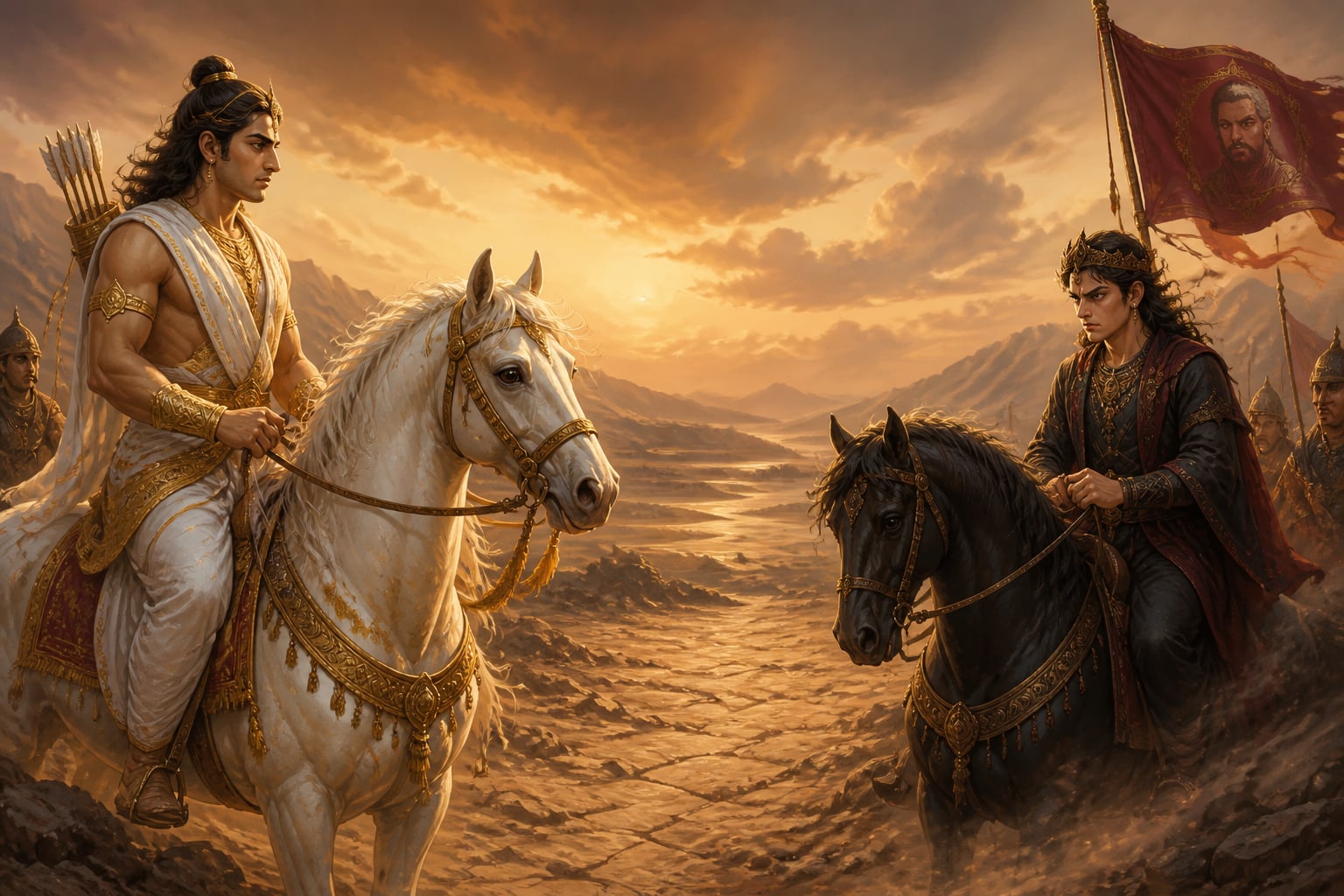Arjuna facing Jayadratha's grieving young son in Sindhu