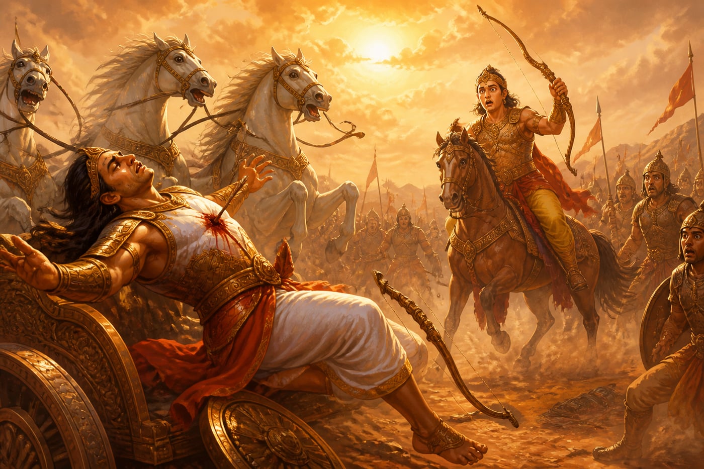 Arjuna falling to Babhruvahana's arrow