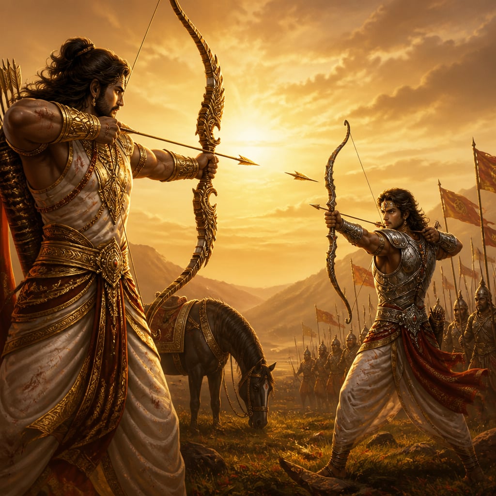 Arjuna and young Babhruvahana face each other on the Manipura field, bows drawn, arrows caught in midflight.