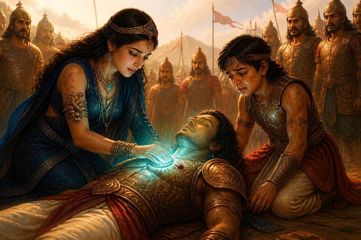 Ulupi reviving Arjuna with the Nagamani gem